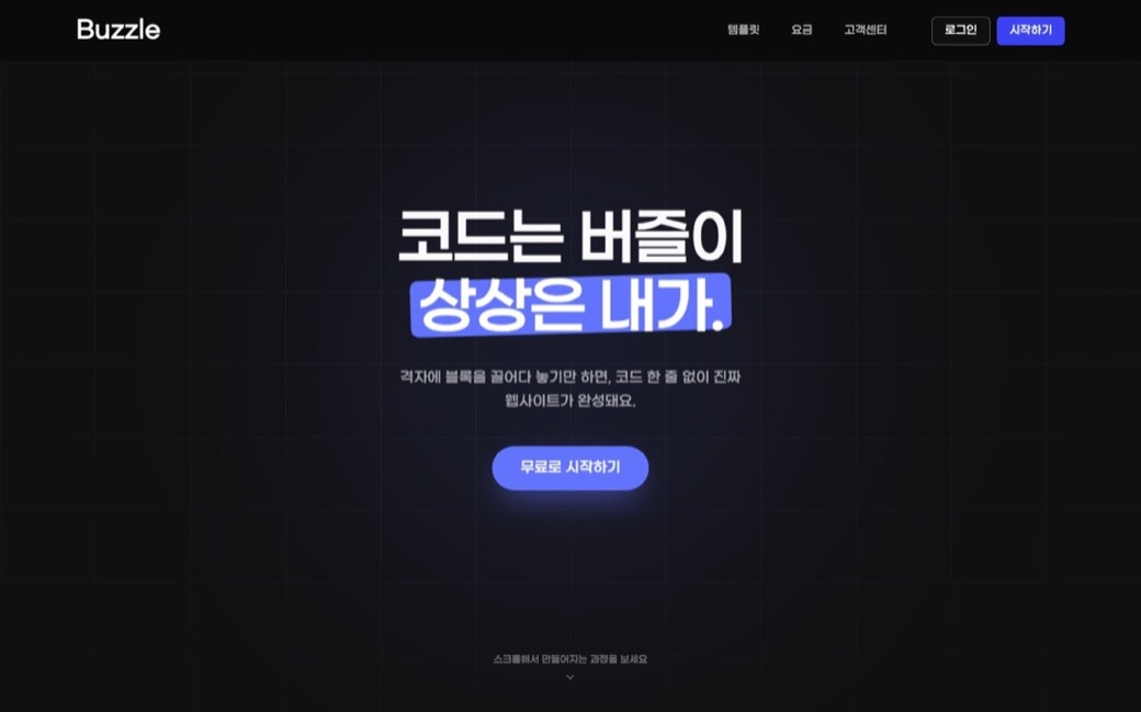 버즐 랜딩 화면. 격자 배경 위에 "코드는 버즐이, 상상은 내가" 문구가 놓여 있다.
