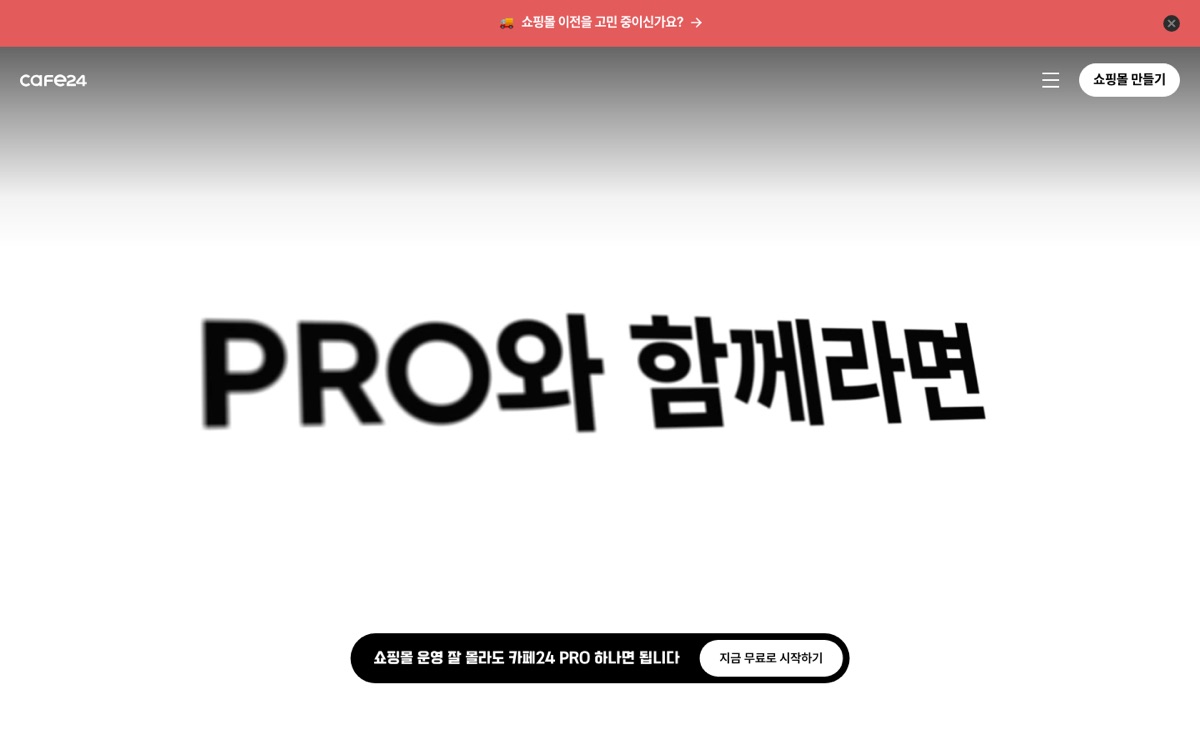 카페24 서비스 메인 화면. "PRO와 함께라면" 문구와 쇼핑몰 시작 버튼이 놓여 있다.